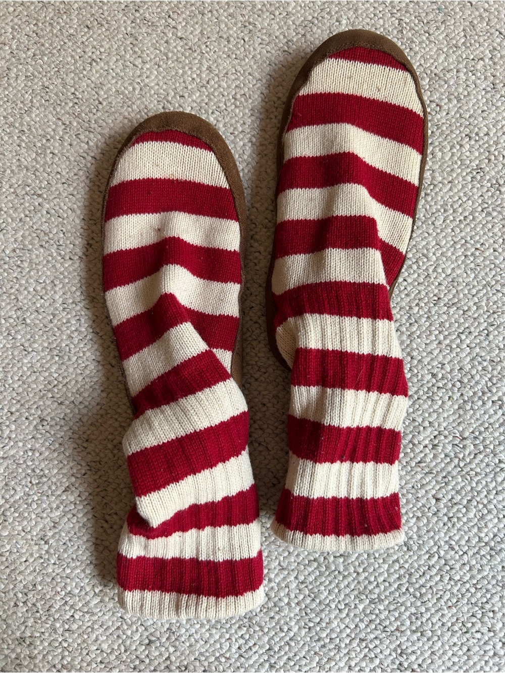 Lands' End Men's Red and Cream Striped Knit Slipper Socks